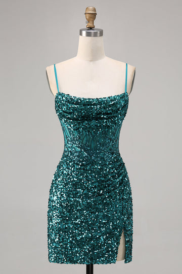 Corset Grey Blue Bodycon Sequin Cocktail Dress